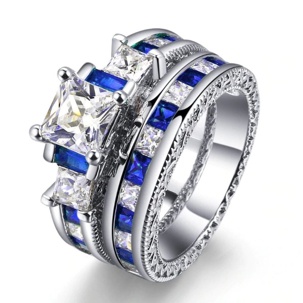 NEW 925 Sterling Silver Princess Cut Sapphire Ring - Picture 6 of 13